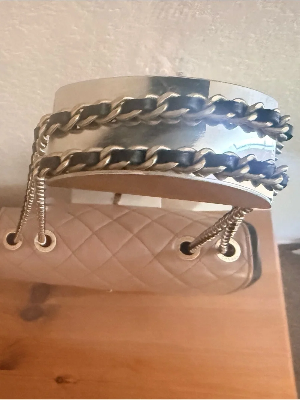 Authentic Chanel Quilted Flap Shoulder Bag - Beige with Black Trim
